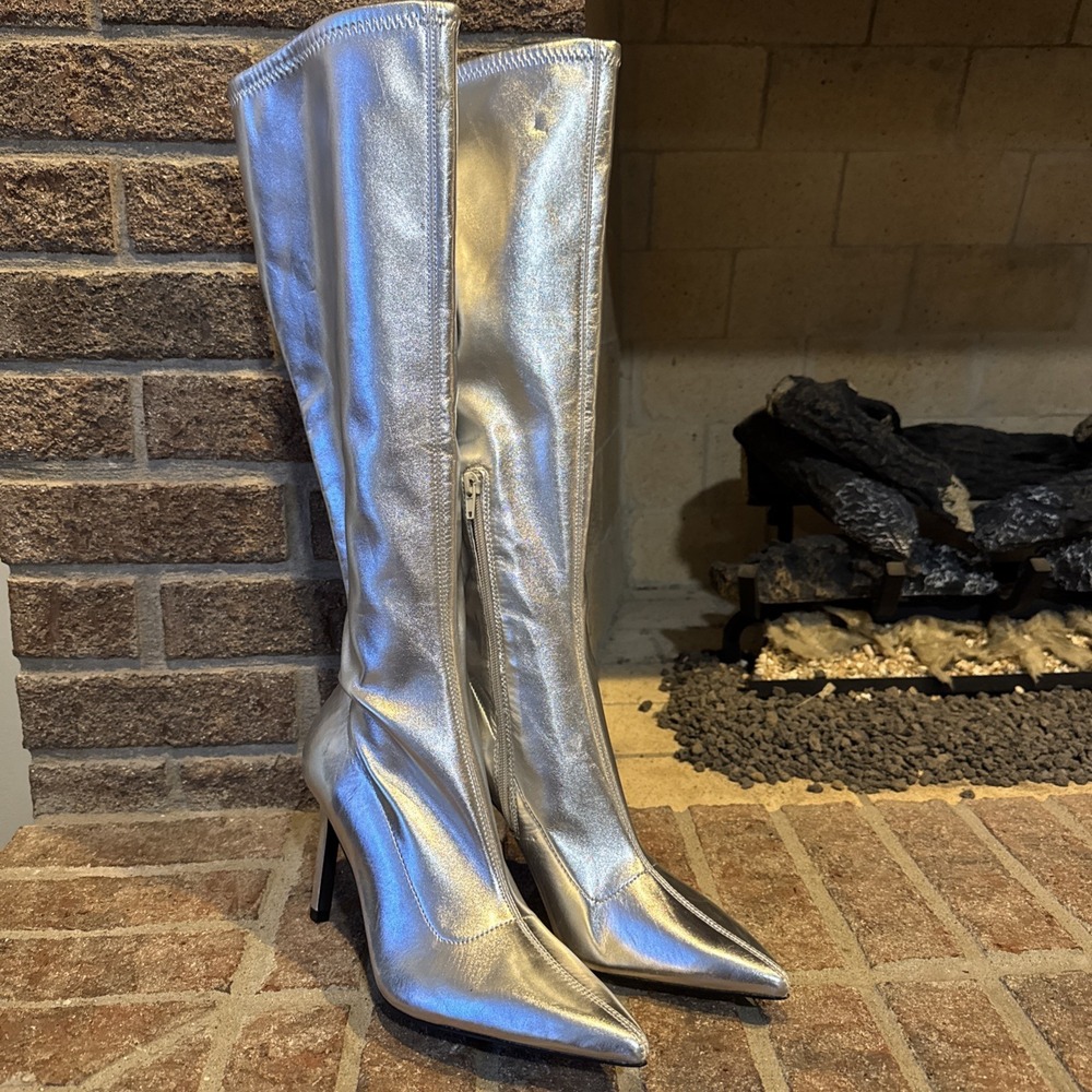 Open Edit Silver Knee High Bootie Pointed Toe Zip Stiletto Women's Size 8M